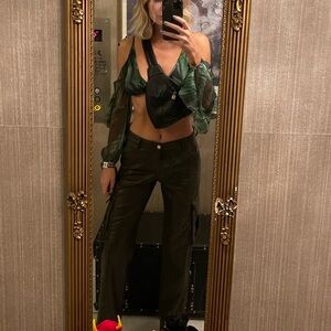 Dark Green Faux Leather Cargo Pants